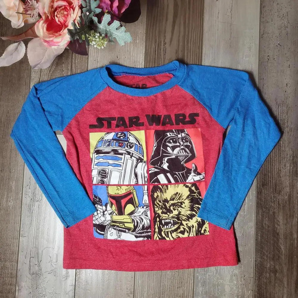 Star Wars Graphic Raglan Long Sleeve T-Shirt Blue Red Boys Size Medium 5/6 EUC - Picture 1 of 9
